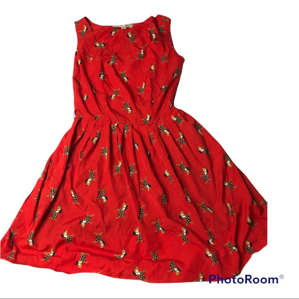 red dress w/ dog wearing hat, pleated waistline size small YUMI